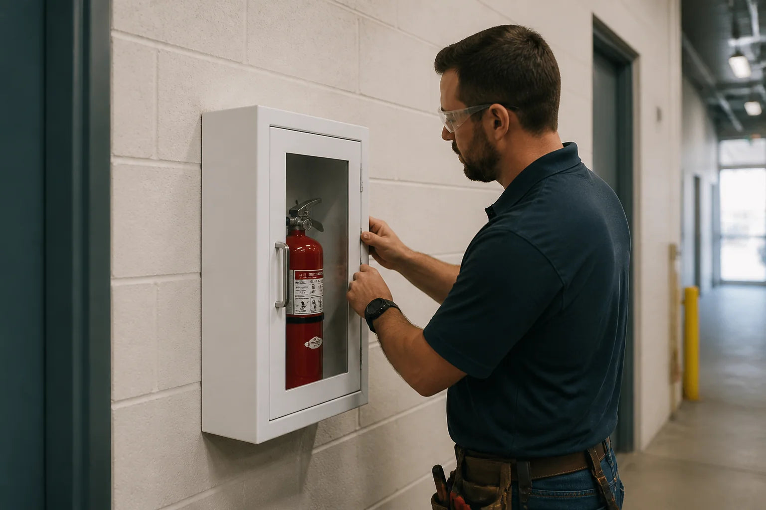 How to mount a surface mount fire extinguisher cabinet without violating OSHA spacing rules