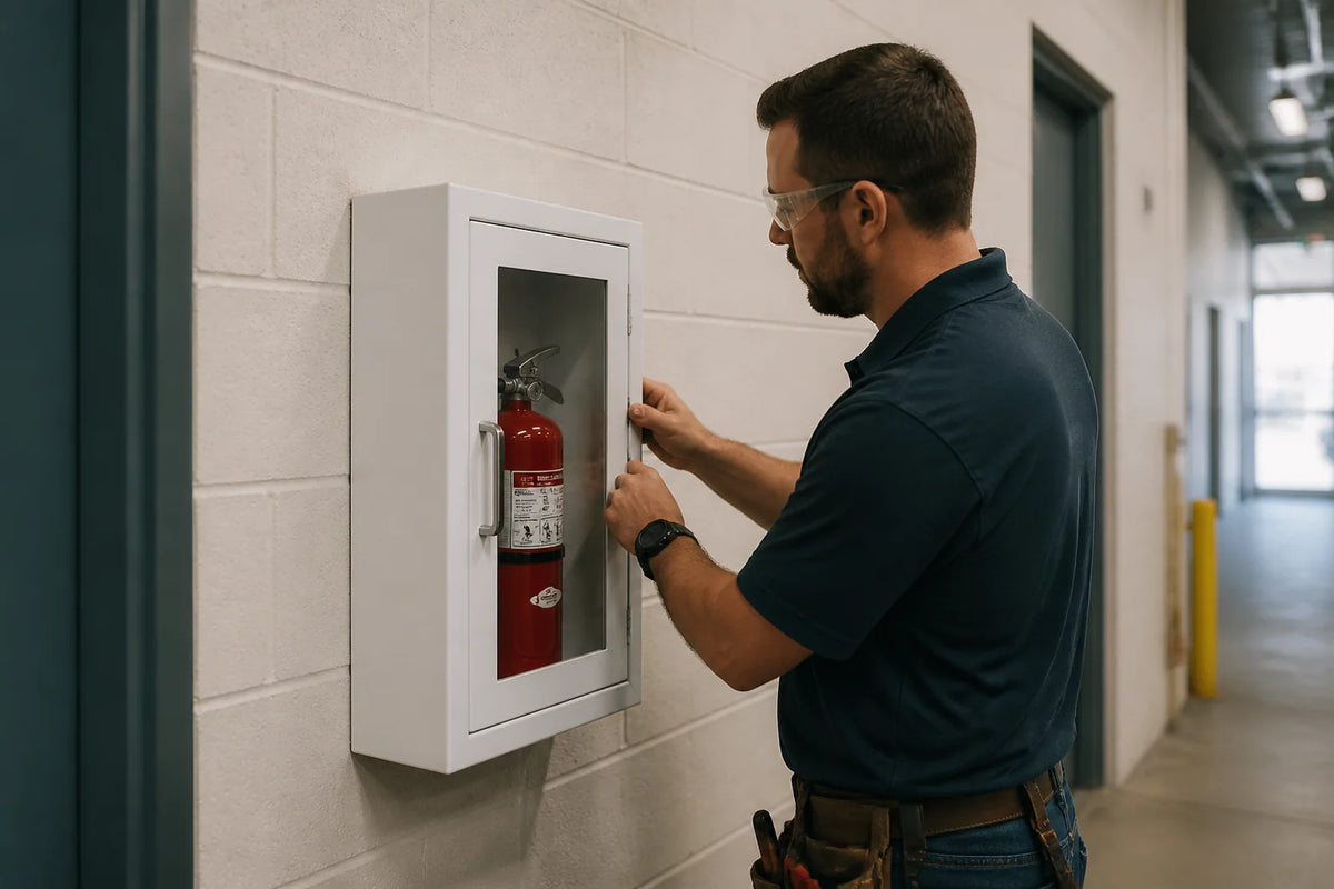 How to mount a surface mount fire extinguisher cabinet without violating OSHA spacing rules