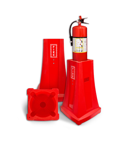 Red fire extinguisher and stands on a white background displaying the bottom, sides, and in use views of the product.