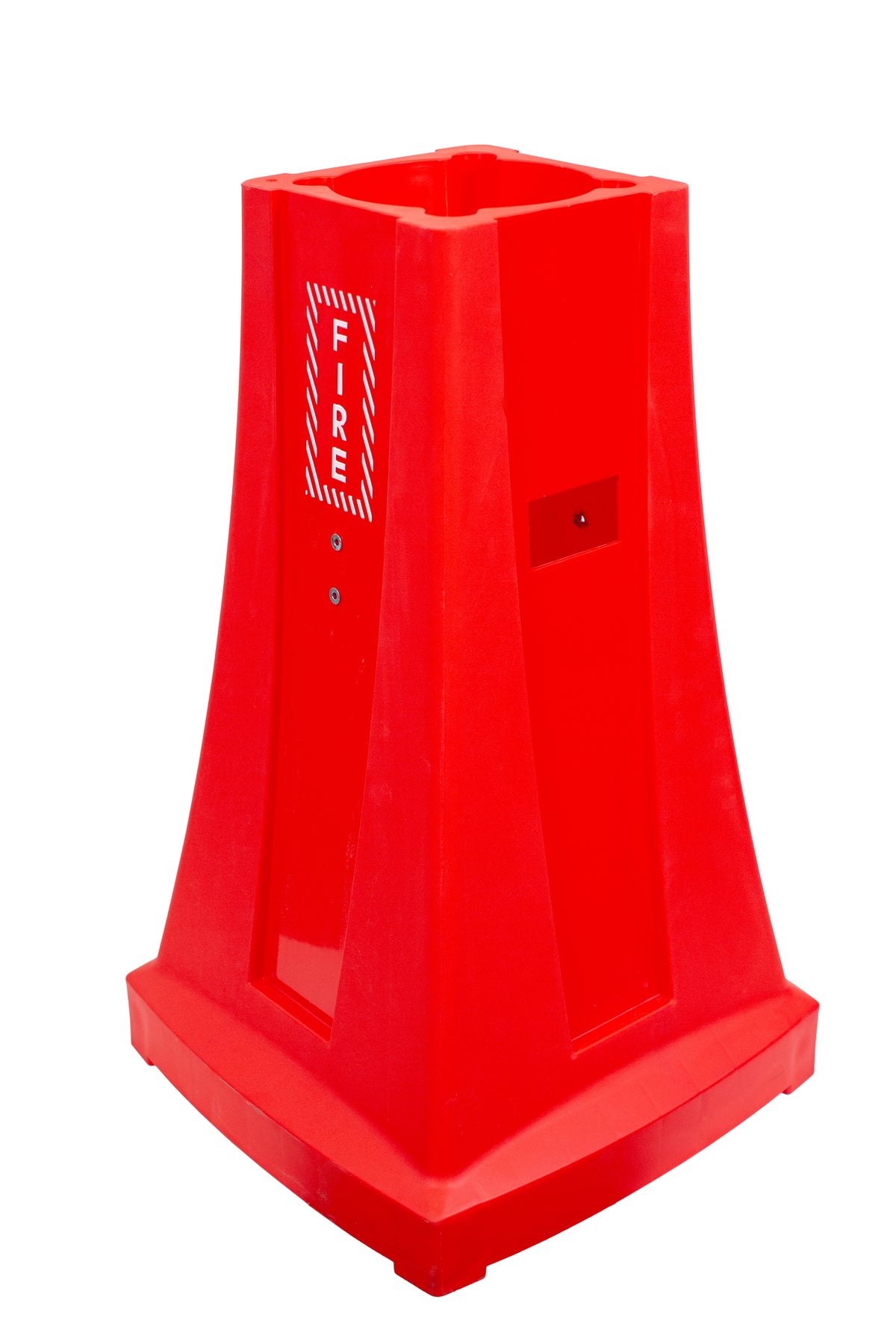 A red fire extinguisher stand with a label that says 'Fire' on it.