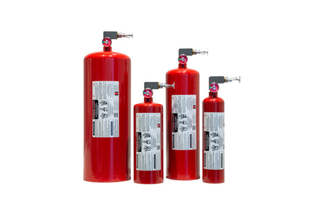 A red Strike First 10lb automatic heat actuated horizontal fire extinguisher with a label and a metal attachment on top.