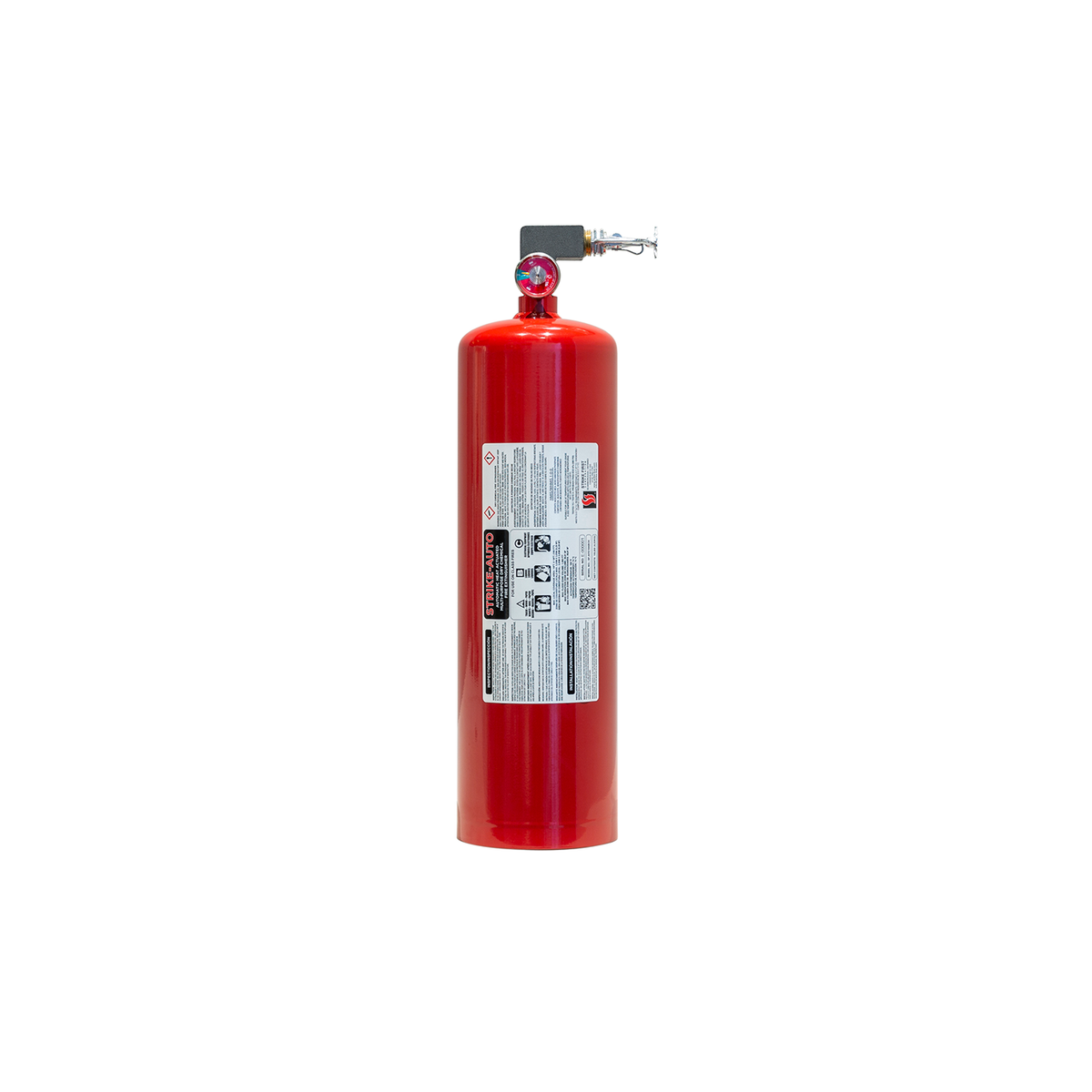 A red Strike First 10lb automatic heat actuated horizontal fire extinguisher with a label and a metal attachment on top.