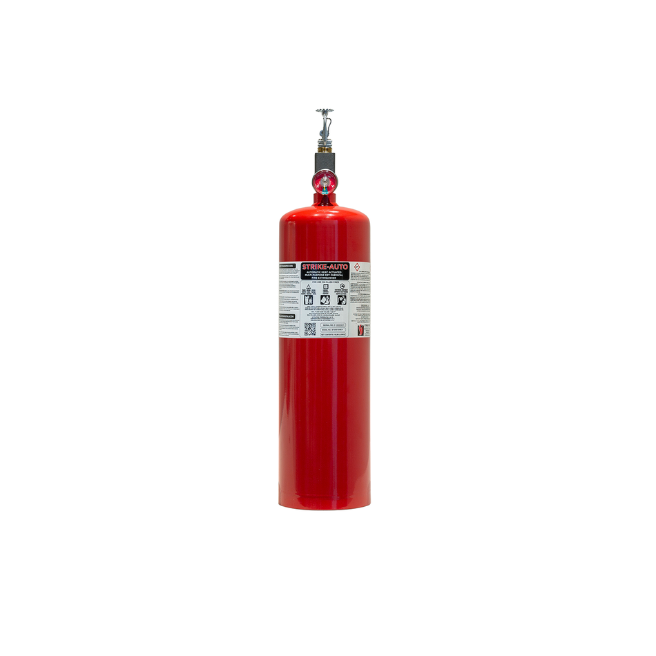 A red vertical fire extinguisher with a heat actuated mechanism on white background.