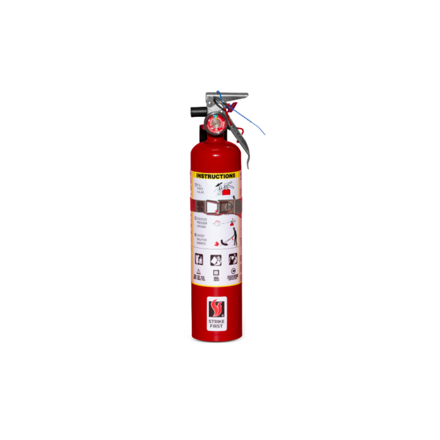A red fire extinguisher labeled 'Strike First' with a weight indication of 2.5 lbs and a label stating 'Multi-Purpose (ABC)'.