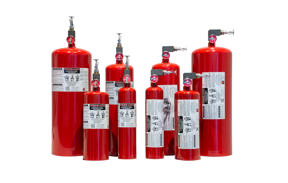 Red Strike First 20lb (ABC) Automatic Heat Actuated Vertical Fire Extinguisher with Mounting Plate Group Image on white background