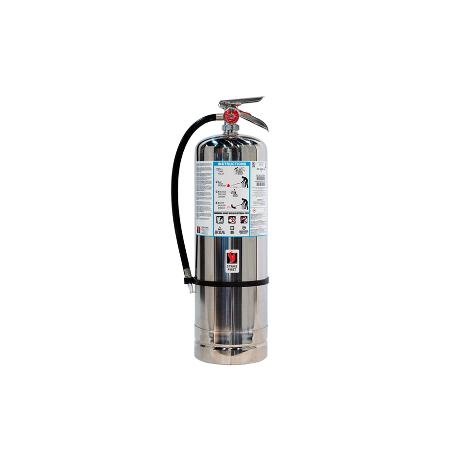 Chrome Strike First 9L Pressurized Water (H2O) 2A Fire Extinguisher Complete w/ Wall Hook on white background