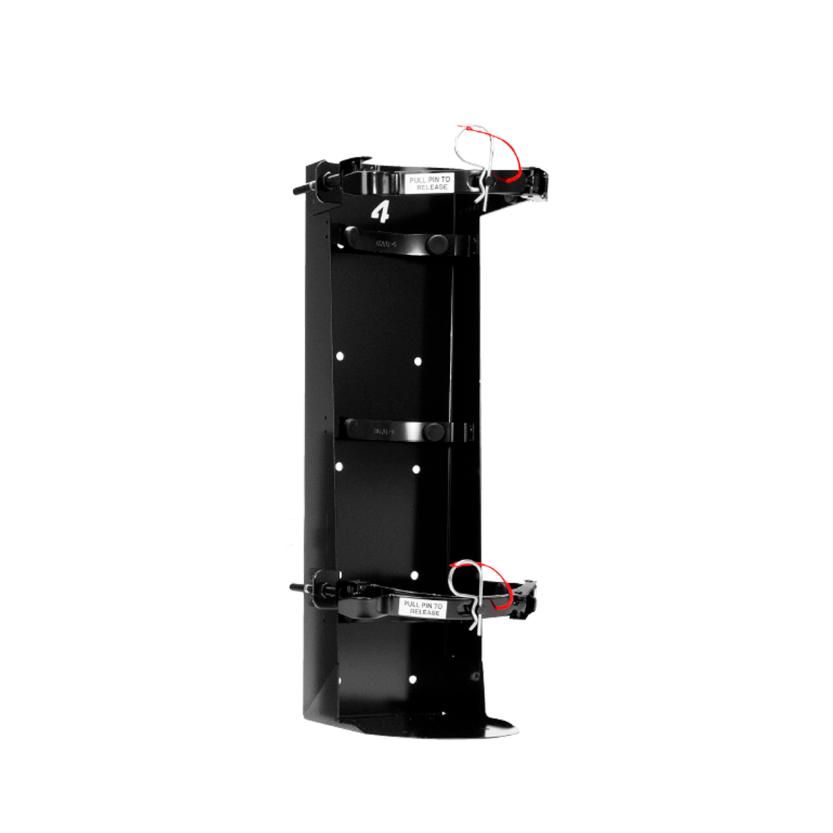 A black heavy-duty vehicle bracket designed for a 30LB ABC fire extinguisher.