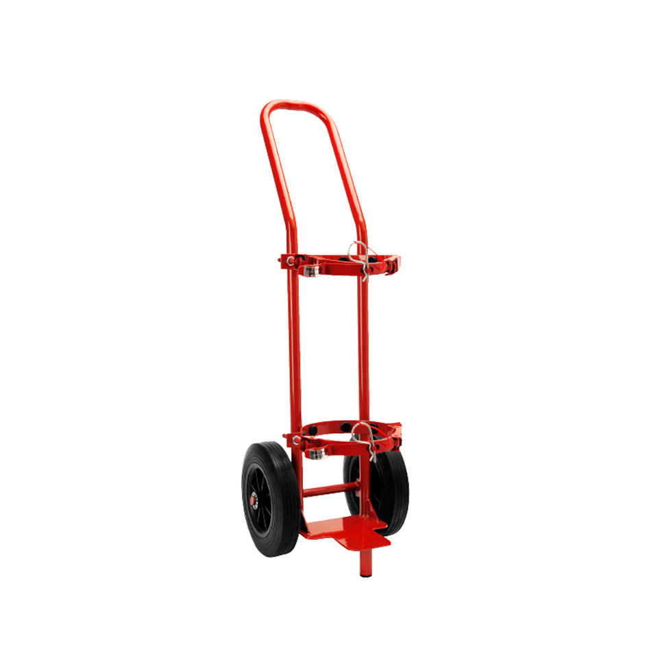 A red heavy duty wheeled cart designed for fire extinguisher transport, featuring a vertical handle and two black wheels.