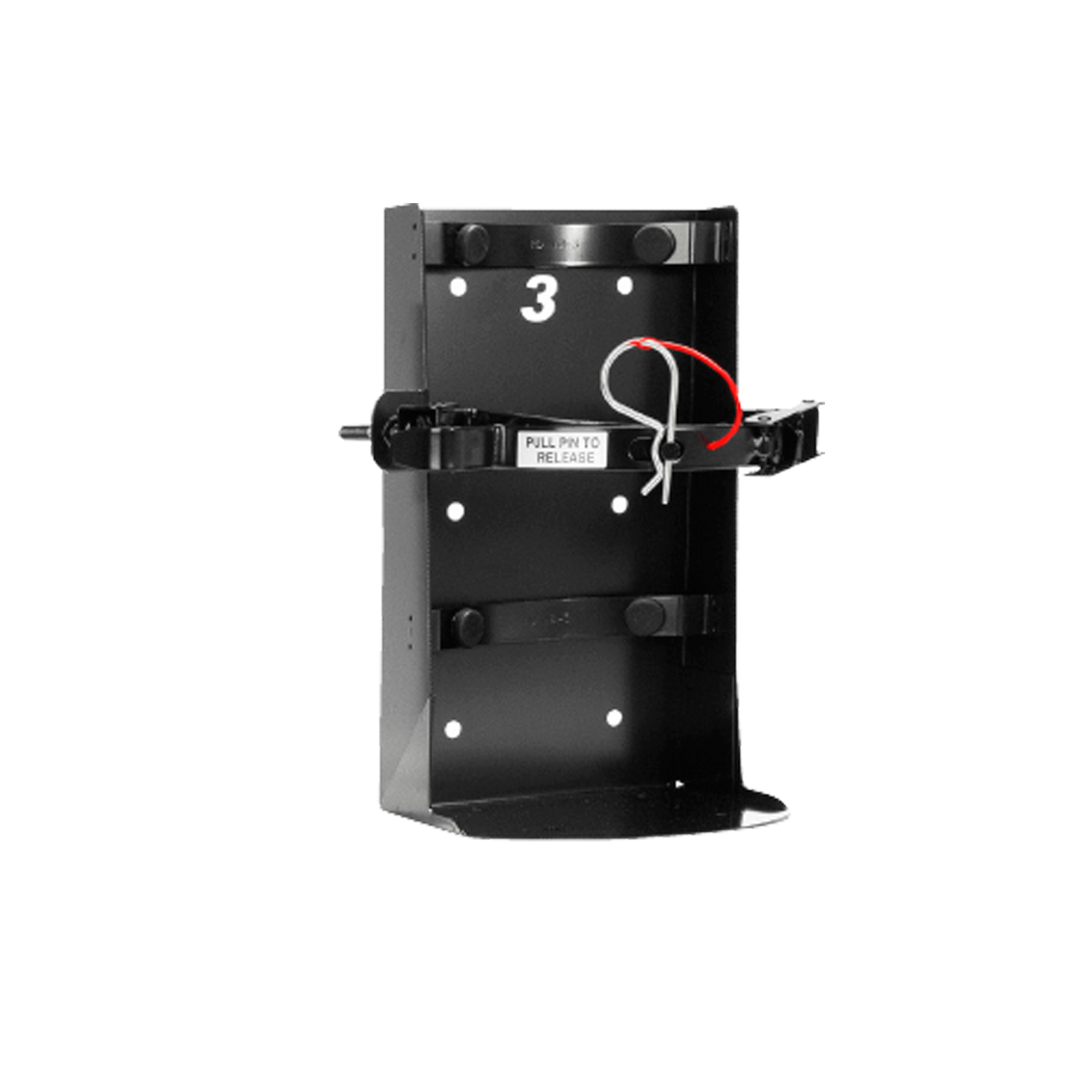 A black heavy-duty vehicle bracket designed for a 20LB ABC fire extinguisher, featuring a label with '3' on it and a red fire extinguisher lever.